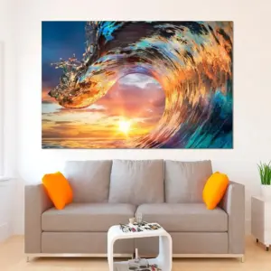 Sunset Through The Sea Wave Wall Art Ocean Surf Canvas Wall Art Living Room Sunset Ocean Art Prints Extra Large Wall Art