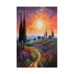 Sunset Vista – European Countryside At Sunset Orange And Purple Glow Over A Tranquil Scene Impressionist Style Landscape – Nature Puzzle