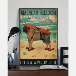 Surfing Club American Bulldog Poster Life'S A Wave Catch It Vintage Room Home Decor Wall Art Gifts Idea