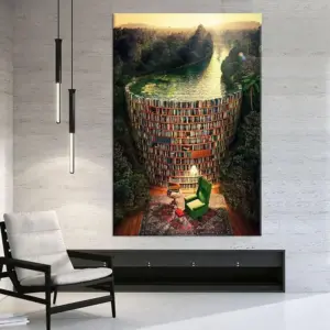 Surreal Library Canvas Wall Art Book Dam Home Library Decor Surreal Art Print Library Wall Art Living Room Decor