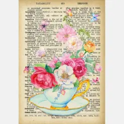 Tea Cup With Flowers Upcycled Vintage Dictionary Art