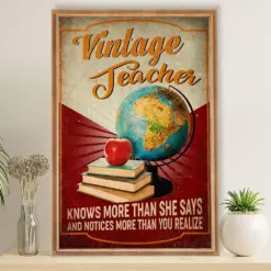 Teacher Classroom Poster Vintage Teacher Knows More Than She Says | Student Wall Art Back To School Gift For Teacher