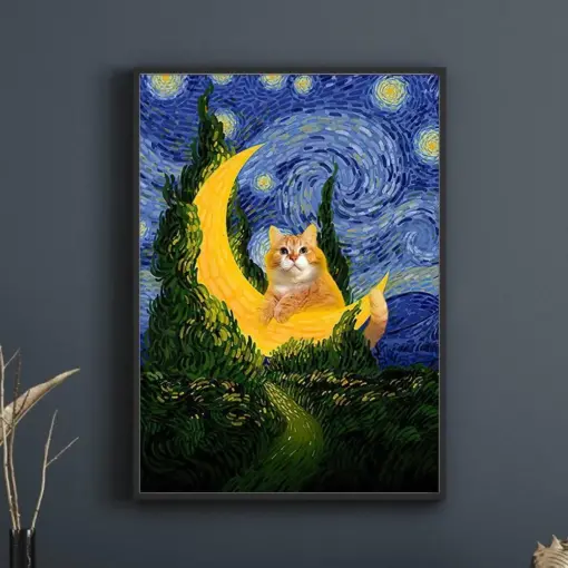Van Gogh Starry Night Cat Print Cat Poster Altered Art Orange Cat Print Funny Cat Gift Home Decor Poster 00445