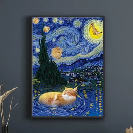 Van Gogh Starry Night Cat Print Cat Poster Altered Art Orange Cat Print Funny Cat Gift Home Decor Poster 00446