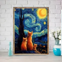 Van Goth Starry Night With Ginger Cat Print Van Goth Starry Night Poster | Starry Night Canvas | Van Goth Wall Art