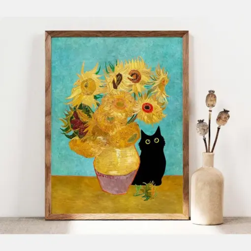 Vincent Van Dog's Sunflowers Cat Print Van Gogh Cat Poster Black Cat Art Print Funny Cat Print Funny Gift Home Decor Wall Art