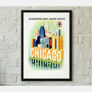 Vintage American Airlines Chicago Travel Print Professionally Printed Travel Poster