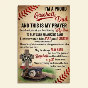 Vintage American Baseball Poster – Custom Name Number – I’m A Proud Baseball Dad – Baseball Equipment & Cross – Poster & Canvas