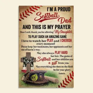 Vintage American Softball Poster – Custom Name Number – I’m A Proud Softball Dad – Baseball Equipment & Cross – Poster & Canvas