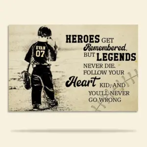 Vintage Baseball Poster – Custom Name Number – Legends Never Die – Kid Playing Baseball – Poster & Canvas