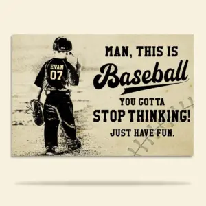 Vintage Baseball Poster – Custom Name Number – Stop Thinking Just Have Fun – Kid Playing Baseball – Poster & Canvas