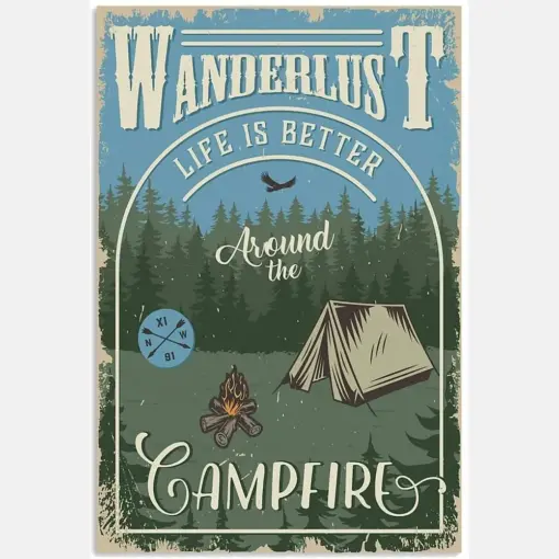 Wanderlust Life Is Better Around The Campfire Camping Hobby Quote Blue Adventure Picnic