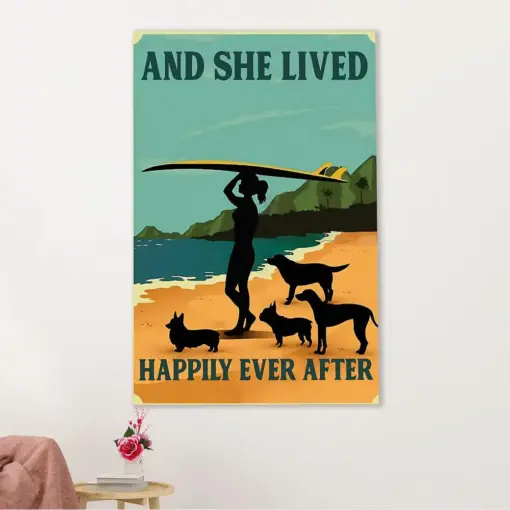 Water Surfing Canvas Wall Art Prints | Girl With Surfboard & Dogs - She Lived Happily | Home Décor Gift For Beach Surfer