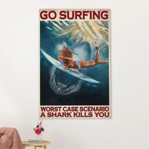 Water Surfing Canvas Wall Art Prints | Shark Worst Case Scenario | Home Décor Gift For Beach Surfer