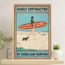 Water Surfing Poster Prints | Girl Distracted By Dogs & Surfing | Wall Art Gift For Beach Surfer