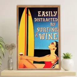 Water Surfing Poster Prints | Girl Distracted By Surfing & Wine | Wall Art Gift For Beach Surfer