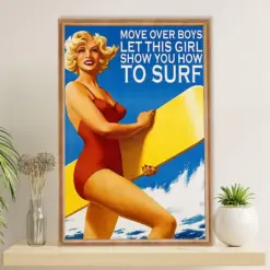 Water Surfing Poster Prints | Girl Surfing | Wall Art Gift For Beach Surfer