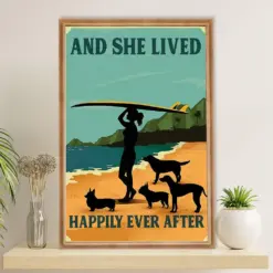 Water Surfing Poster Prints | Girl With Surfboard & Dogs - She Lived Happily | Wall Art Gift For Beach Surfer