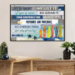 Water Surfing Poster Prints | Life Is Short | Wall Art Gift For Beach Surfer