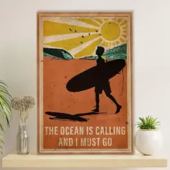 Water Surfing Poster Prints | Man Surfer - The Ocean Is Calling | Wall Art Gift For Beach Surfer