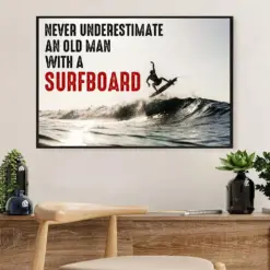 Water Surfing Poster Prints | Old Man With A Surfboard | Wall Art Gift For Beach Surfer