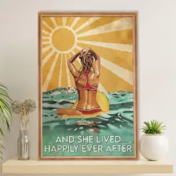 Water Surfing Poster Prints | She Lived Happily | Wall Art Gift For Beach Surfer