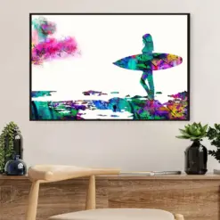 Water Surfing Poster Prints | Watercolor Girl Surfer Painting | Wall Art Gift For Beach Surfer