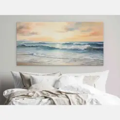 Watercolor Beach At Sunset Detailed Waves Calm Summer Vibes Print On Canvas Ready To Hang Beach House Decor