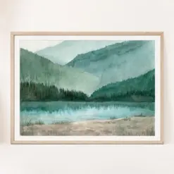 Watercolor Forest Mountains Print Lake Landscape Artwork , Sage Green Wall Art Painting Emerald Green Decor National Park River Poster