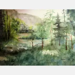 Watercolor Landscape Painting Archival Print Scenic Nature Painting Lake Painting Summer Country Landscape Woodland Lake Landscape