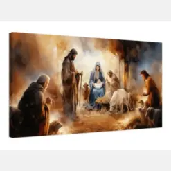 Watercolor Nativity Scene Premium Wrapped Canvas Print Jesus Mary Joseph And Wise Men - Spiritual Christmas Wall Art For Home And Church