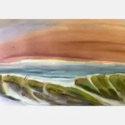 Watercolor Painting Artwork Wall Decor Orange Blue Gift Beach Seascape Dunes