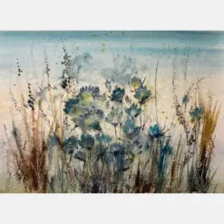 Watercolor Print Seaside Blue Splendor Blooms Flowers And Grasses By Darcy Modern Beach Home Glee Prints