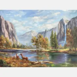 Waterfall Painting Yosemite Original Art Mountain Scenery Landscape Painting National Park Art Deer Original Oil Art 18 By 24