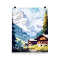 Wegen Watercolor Print | Switzerland Travel Gift | Swiss Alps Decor | Log Cabin Charm | Alpine Landscape | European Countryside | Romantic