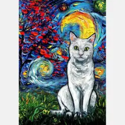 White Short Hair Cat Starry Night Style Halloween