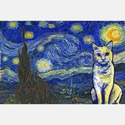 White Short Hair Cat Van Gogh Style Starry Night