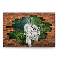 White Tiger Poster & Canvas, White Tiger Break Through The Wall - Wildlife Wild Animal Inspirational Wall Art, Home Decor