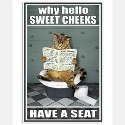 Why Hello Sweet Cheeks Have A Seat Poster - Cat Reading Newspaper Funny Toilet Poster - Bathroom Wall Art Decor - No Frame