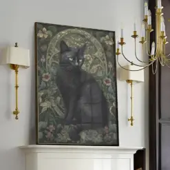 William Morris Inspired Cat Art Print Cat Lover Gift Cat Mom Black Cat Decor Painting Cat Portrait Large Wall Art Canvas