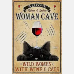 Wine And Cats Welcome Relax And Enjoy Woman Cave Poster Wine And Cat Poster Funny Black Cat Poster Vintage Alcohol Wall Art