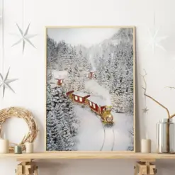 Winter Christmas Train Print | Xmas Drinkable Home Decor | Christmas Winter Decorations | Christmas Red Train Wall Art | Holiday Decor