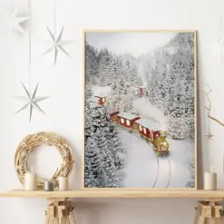 Winter Christmas Train Print | Xmas Home Decor | Christmas Winter Decorations | Christmas Red Train Wall Art | Holiday Decor