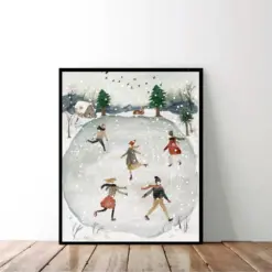 Winter Decor Ice Skating Living Room Wall Art Rustic Holiday Decor Vintage Christmas Print Winter Wall Art Home Decor Gift Watercolor