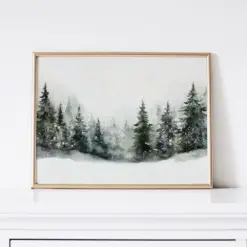 Winter Forest Painting Christmas Print Drinkable Wall Art Christmas Decor Snowy Winter Landscape Evergreen Trees Watercolor Painting