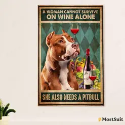 Woman Loves Pitbull Wine Poster - Dog Wall Art For Living Room - Gifts For Pitbull Lovers Mom Dad