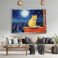 Yellow Cat On The Roof Canvas Painting Cat At Full Moon Wall Art Cat Canvas Print Cat Lover Gift Animal Canvas Art